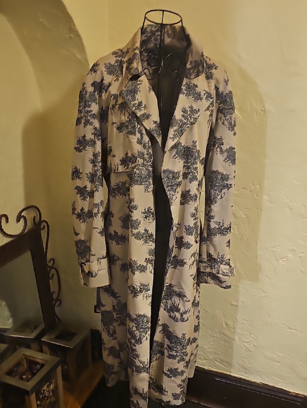 Womens Beige Trench Coat with Blue Toile Print